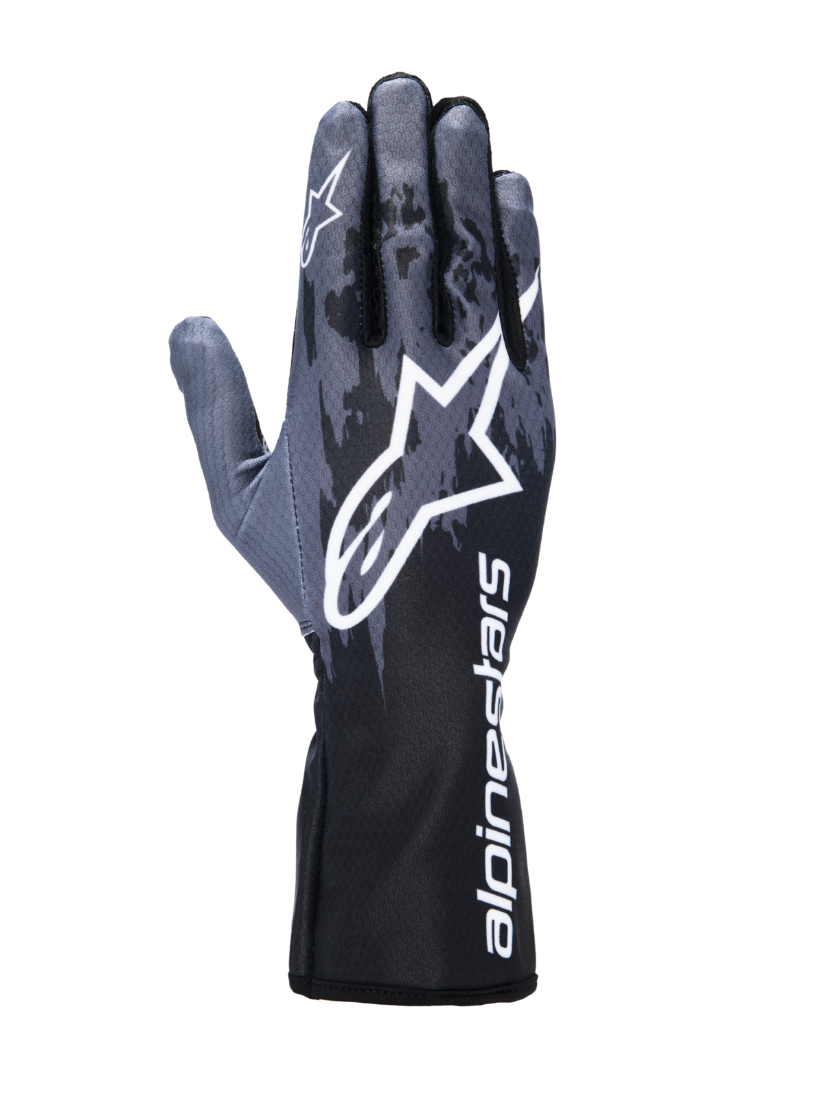 Alpinestars Tech-1 K V3 Gloves, Karting Gloves, Black Anthracite, featuring a large white Astar logo on the back of the hand, dark gray camo-style pattern, and a gauntlet cuff with vertical white Alpinestars branding