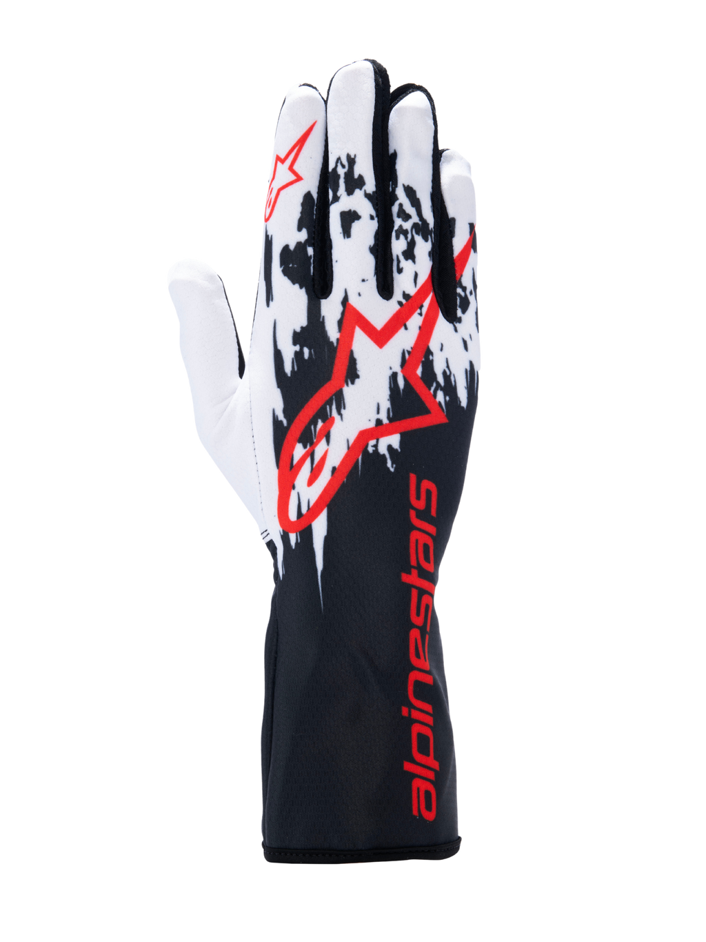 Alpinestars Tech-1 K V3-handskar, kartinghandskar, svart, vit och röd, med ett vitt och svart stänkmönster på ovansidan, stor röd Alpinestars-logotyp, röd branding på den långa kragen, professionell motorsportutrustning