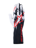 Alpinestars Tech-1 K V3-handskar, kartinghandskar, svart, vit och röd, med ett vitt och svart stänkmönster på ovansidan, stor röd Alpinestars-logotyp, röd branding på den långa kragen, professionell motorsportutrustning