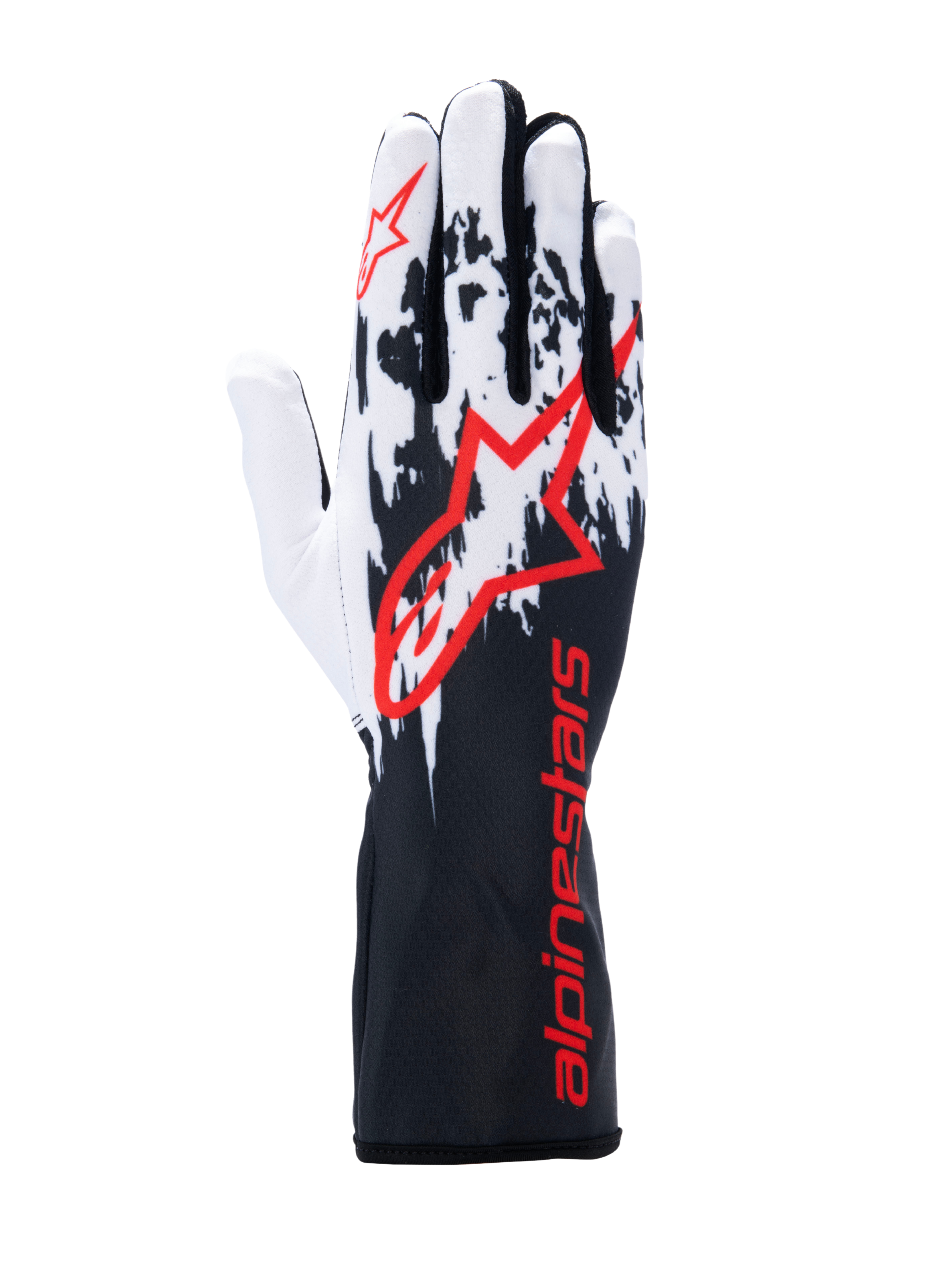 Alpinestars Tech-1 K V3-handskar, kartinghandskar, svart, vit och röd, med ett vitt och svart stänkmönster på ovansidan, stor röd Alpinestars-logotyp, röd branding på den långa kragen, professionell motorsportutrustning
