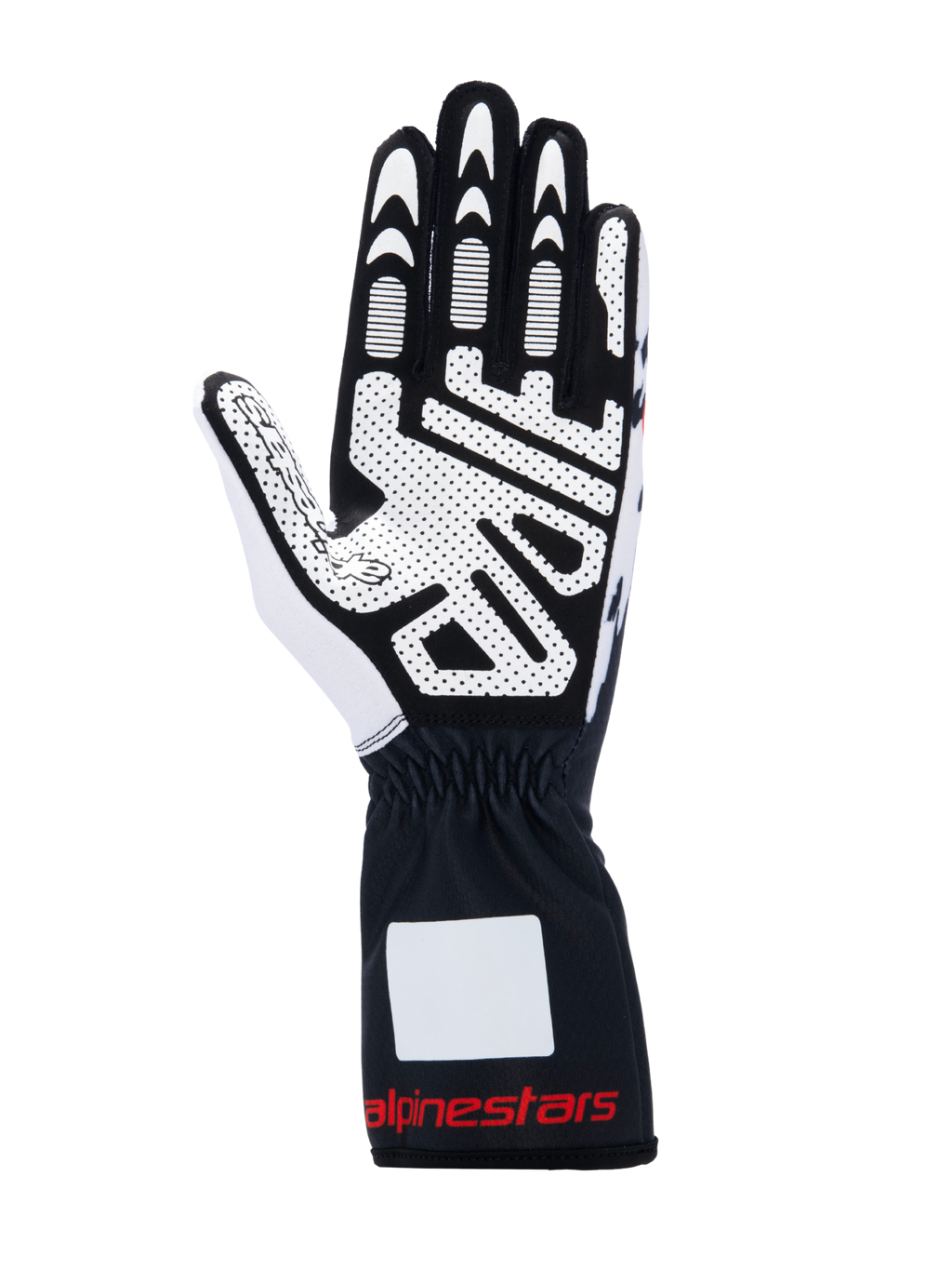 Alpinestars Tech-1 K V3-handskar, kartinghandskar, svarta, vita och röda, vy av handflatan som visar silikontryck med högt grepp, syntetiskt mockamaterial, krage med röd logotyp, professionell kartingutrustning
