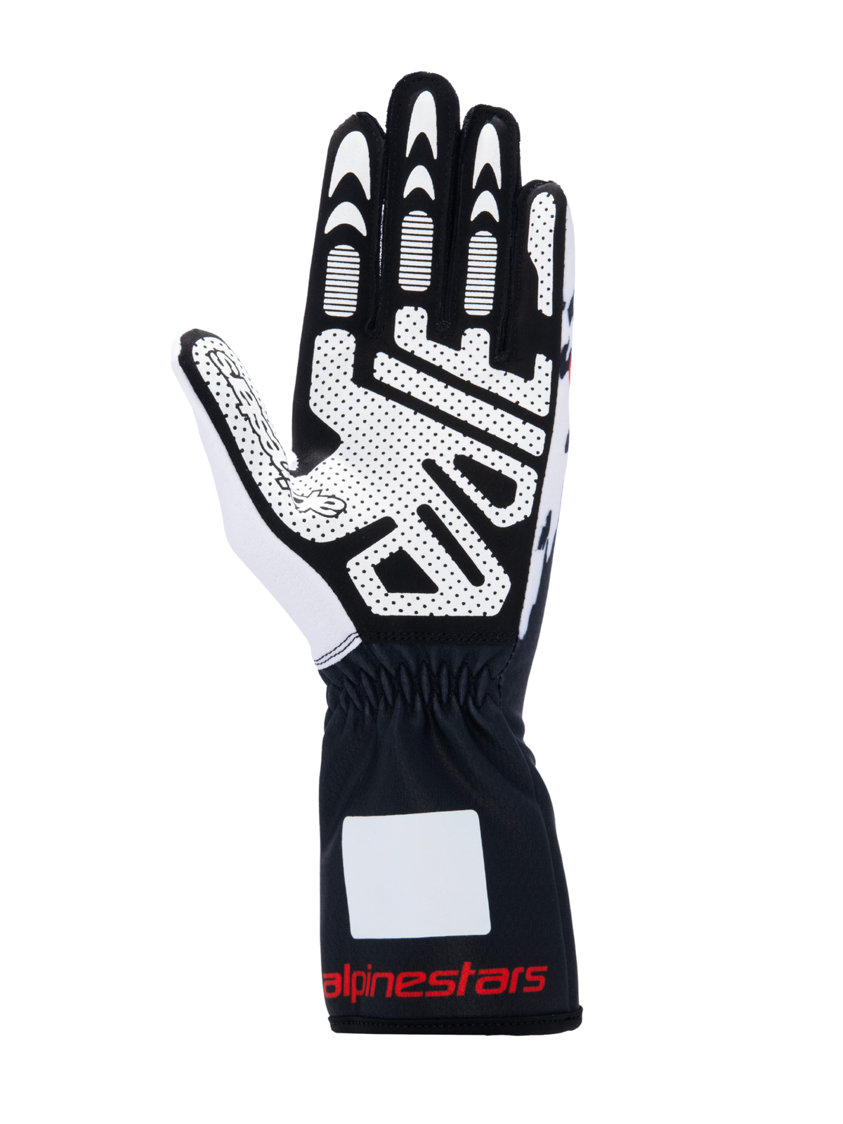 Alpinestars Tech-1 K V3-handskar, kartinghandskar, svarta, vita och röda, vy av handflatan som visar silikontryck med högt grepp, syntetiskt mockamaterial, krage med röd logotyp, professionell kartingutrustning