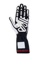 Alpinestars Tech-1 K V3-handskar, kartinghandskar, svarta, vita och röda, vy av handflatan som visar silikontryck med högt grepp, syntetiskt mockamaterial, krage med röd logotyp, professionell kartingutrustning