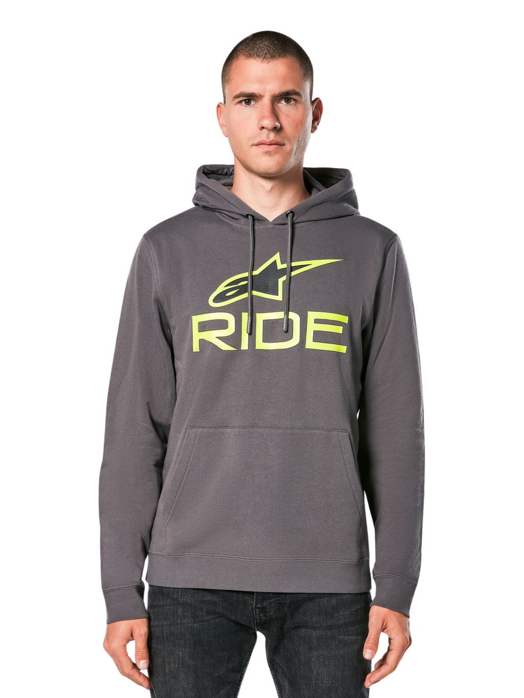 Alpinestars Ride Hoodie V 3, mörkgrå huvtröja med limegrön RIDE-logotyp, känguruficka fram och luva med dragsko, vardaglig motorsport-inspirerad streetwear