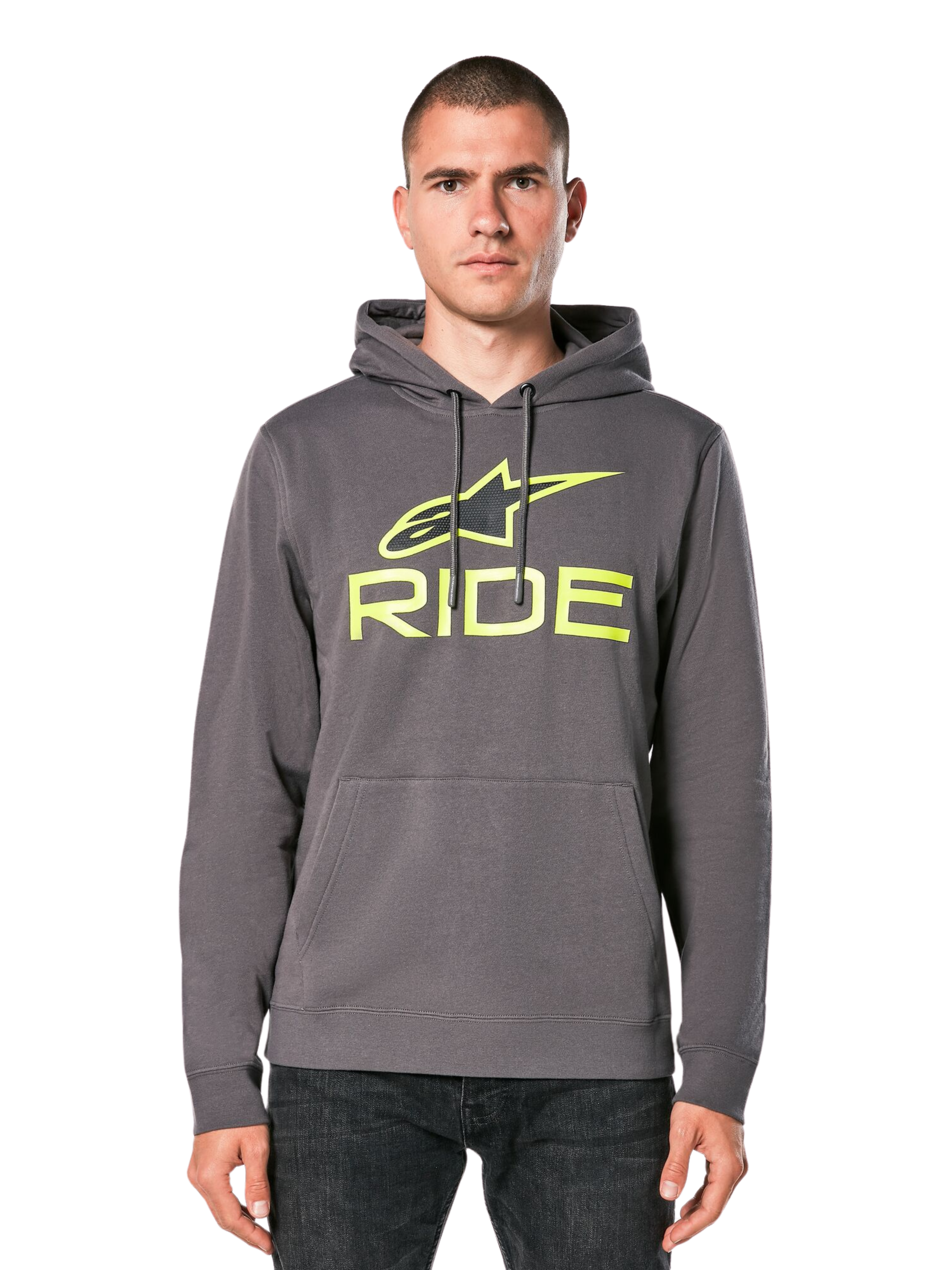 Alpinestars Ride Hoodie V 3, mörkgrå huvtröja med limegrön RIDE-logotyp, känguruficka fram och luva med dragsko, vardaglig motorsport-inspirerad streetwear