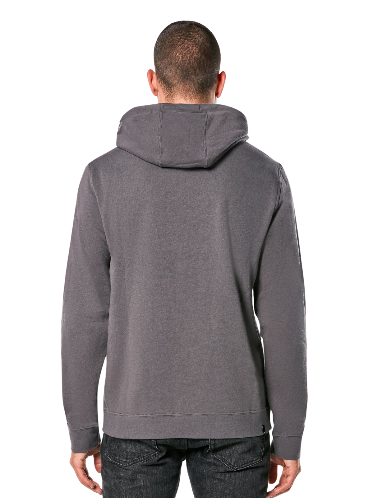 Alpinestars Ride Hoodie V 3, baksida av en kolgrå huvtröja, vardagliga sportkläder med huva, långa ärmar och ribbade muddar och fåll