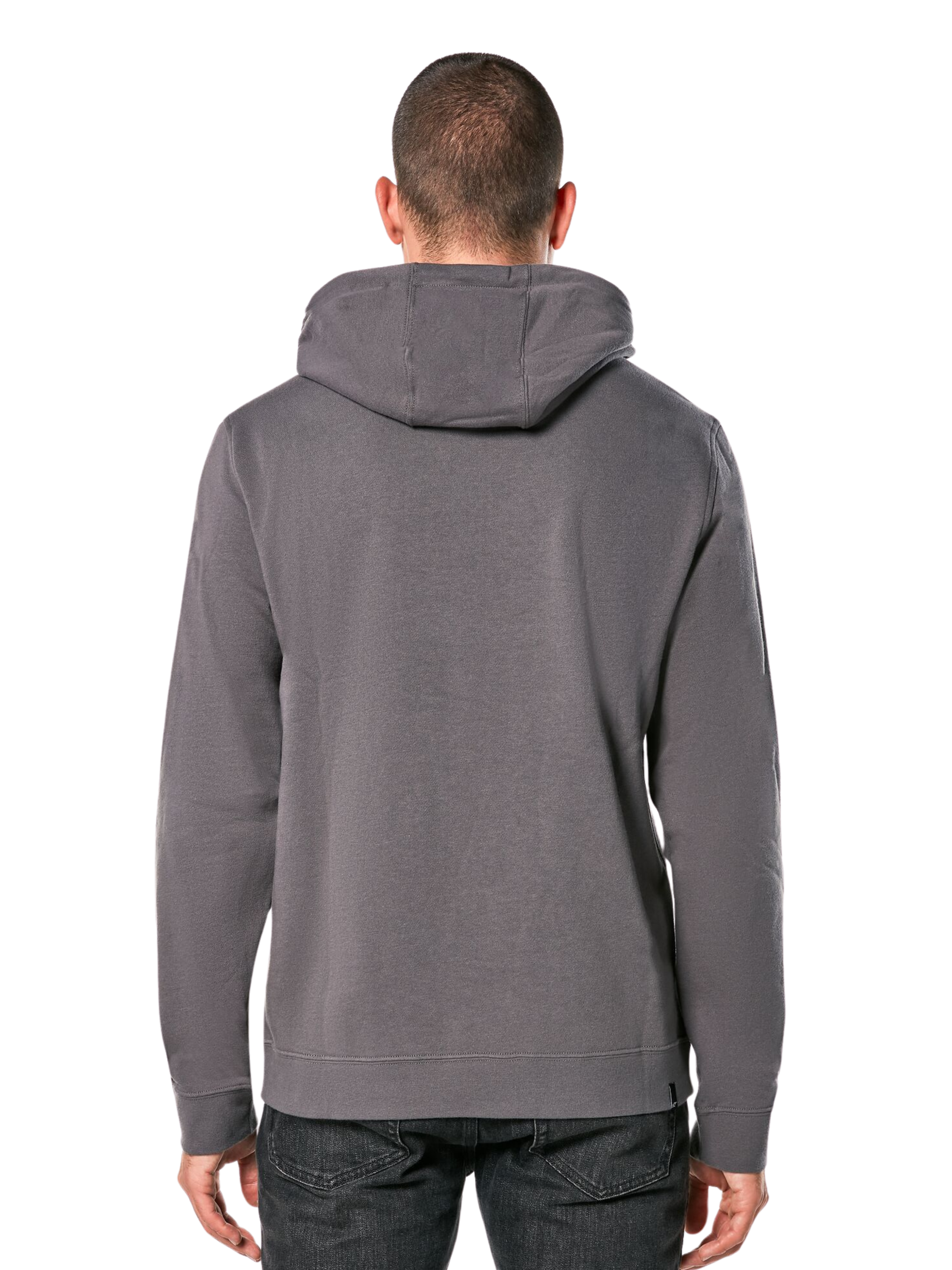 Alpinestars Ride Hoodie V 3, baksida av en kolgrå huvtröja, vardagliga sportkläder med huva, långa ärmar och ribbade muddar och fåll