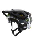 Alpinestars Vector Tech Pilot Helmet CE, MTB Cycling Helmet, Black White and Cool Gray Glossy, featuring lime green Alpinestars logo and 'One Goal. One Vision.' text, multiple ventilation ports, and an adjustable visor.