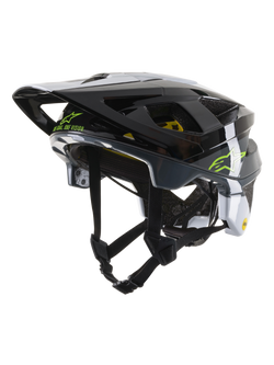 Alpinestars Vector Tech Pilot Helmet CE, MTB-cykelhjälm, blank svart, vit och cool gray, med limegrön Alpinestars-logotyp och texten 'One Goal. One Vision.', flera ventilationsöppningar och en justerbar skärm.