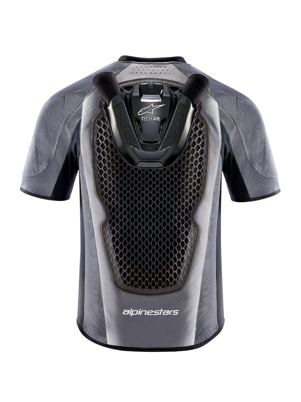 Tech-Air 5 System motorcycle airbag vest, rear view in gray and black with integrated honeycomb back protector.