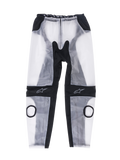 Alpinestars Racing Rain Pants, Motorcycle Rain Overpants, Clear Black and Translucent White, featuring circular knee slider cutouts, black ergonomic stretch panels, and star logos on the knees, waterproof design for track use