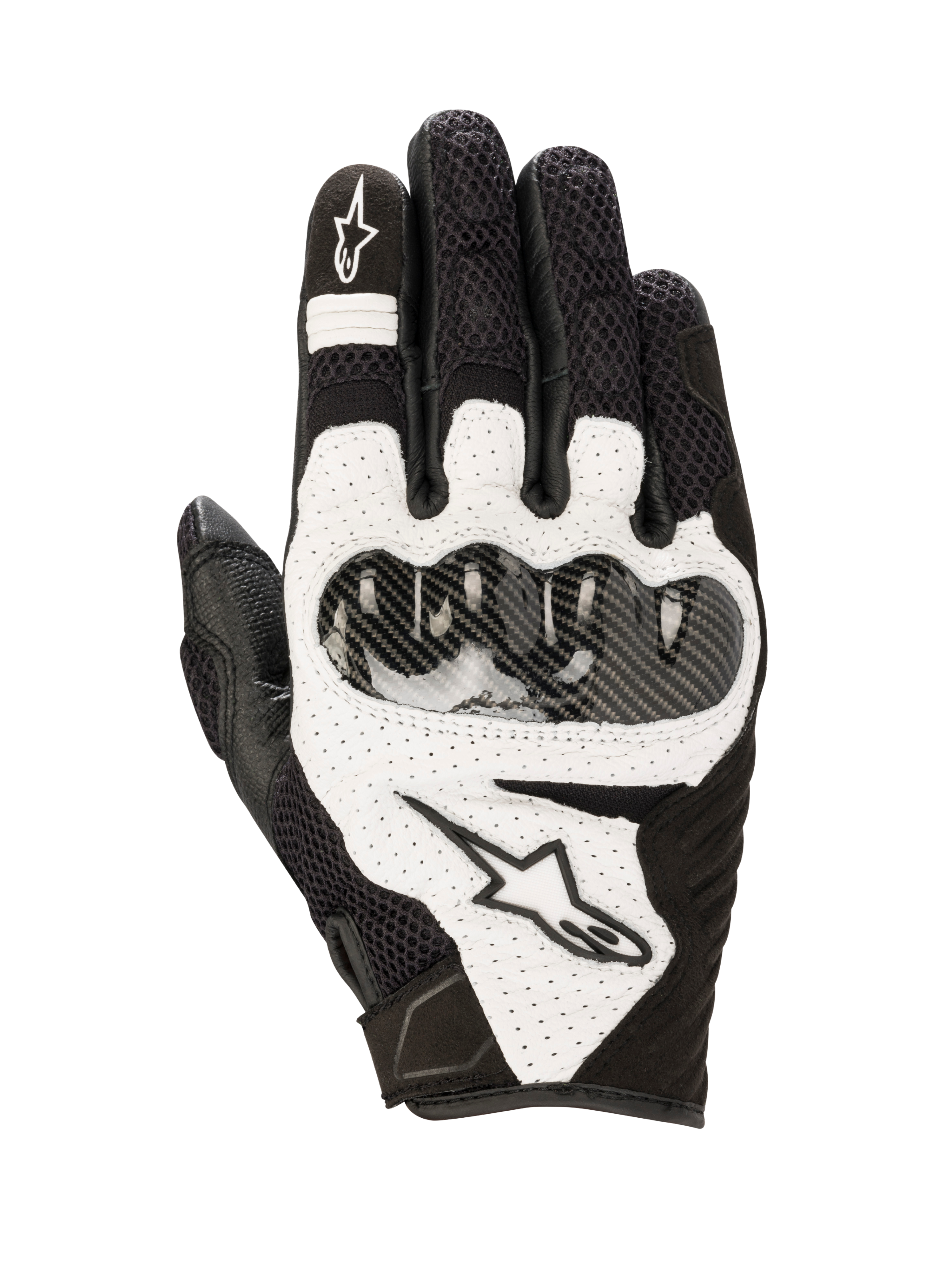 Alpinestars SMX-1 Air V2 handskar, motorcykelhandskar för sportkörning, svarta och vita, meshpaneler för andningsförmåga, hårt knogskydd i kolfiberstil, detaljer i perforerat läder och Alpinestars-logotyp