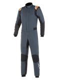 Alpinestars Hypertech Suit, Auto Racing Suit, Asphalt Gray and Black with Orange Fluo accents, featuring black stretch panels, orange shoulder epaulettes with branding, and white star logo on the leg, professional two-layer fire-resistant construction for motorsport performance
