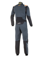 Alpinestars Hypertech Suit, Professional Auto Racing Suit, Asphalt Gray and Orange Fluo, back view, featuring black stretch panels on the lower back and elbows, orange Alpinestars logos on the shoulders, and white Hypertech branding, streamlined FIA-certified design.