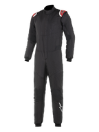Alpinestars Hypertech Suit, Professional Auto Racing Suit, Black with Red and White shoulder accents, quilted two-layer construction, high collar, fitted design with ribbed wrist and ankle cuffs, FIA-certified motorsport protection