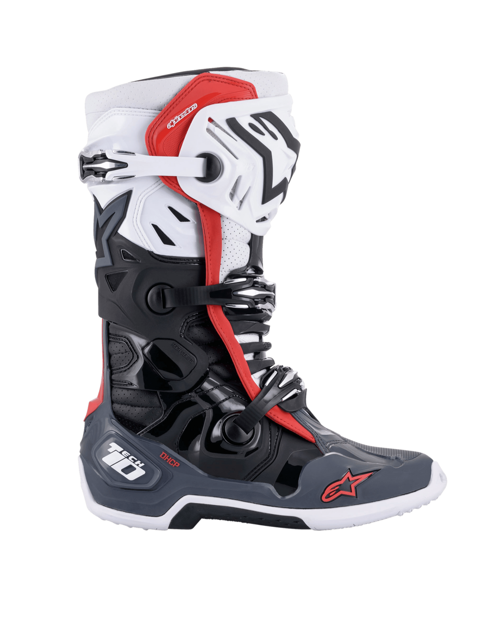 Alpinestars Tech 10 Supervented stövlar, motocross-stövlar, svart, vit, mellangrå och röd, sidoprofilvy med flera spännen, ventilerade paneler och röda Alpinestars-logotyper, teknisk design för terrängkörning
