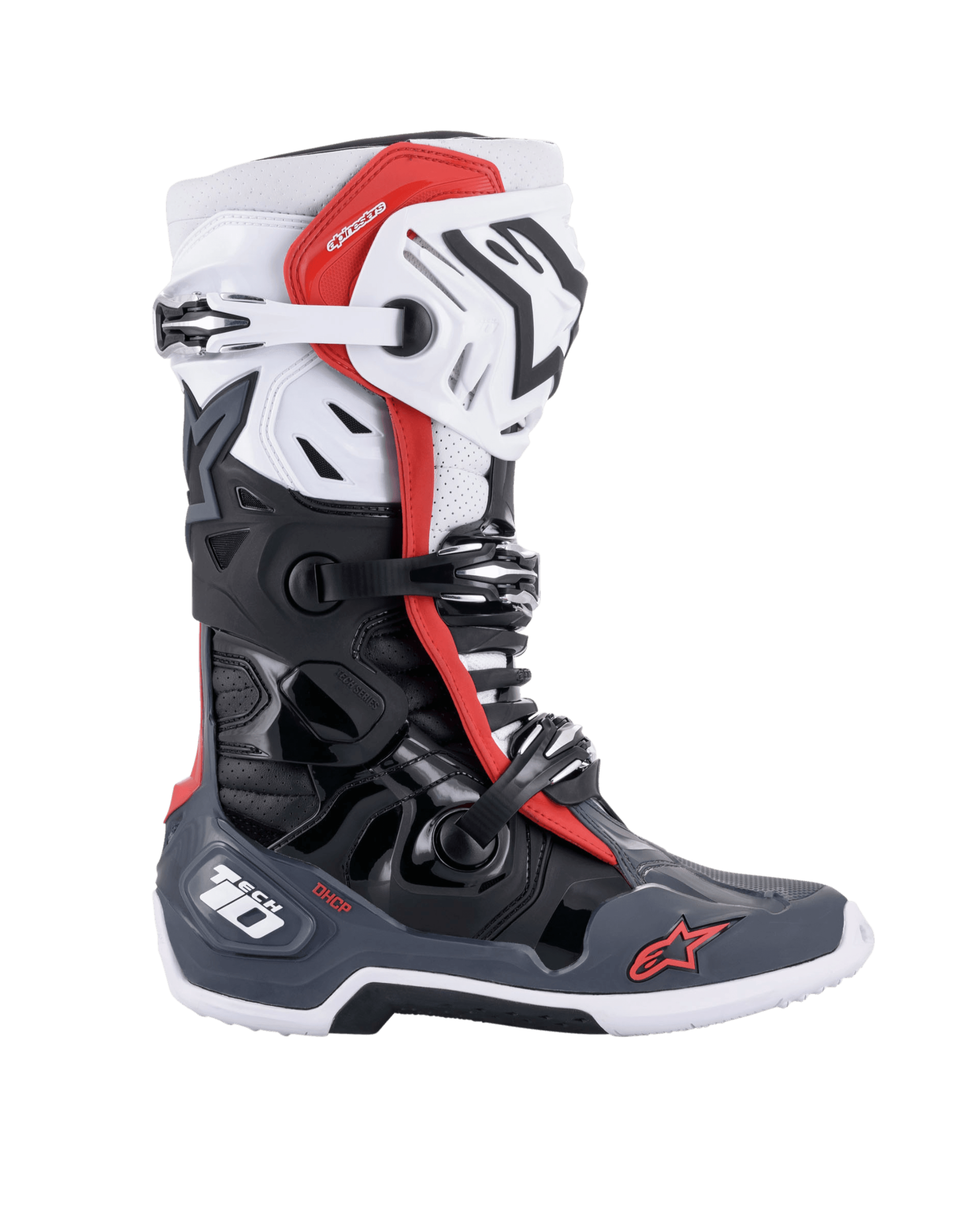 Alpinestars Tech 10 Supervented stövlar, motocross-stövlar, svart, vit, mellangrå och röd, sidoprofilvy med flera spännen, ventilerade paneler och röda Alpinestars-logotyper, teknisk design för terrängkörning