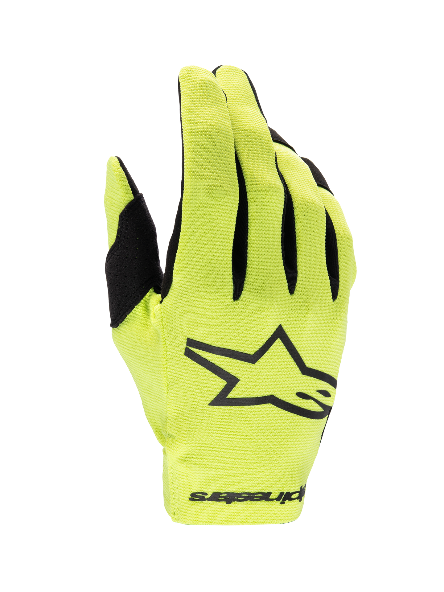 Alpinestars 2025 Radar handskar, gul fluo och svarta motocrosshandskar med enlagerskonstruktion för terrängkörning.