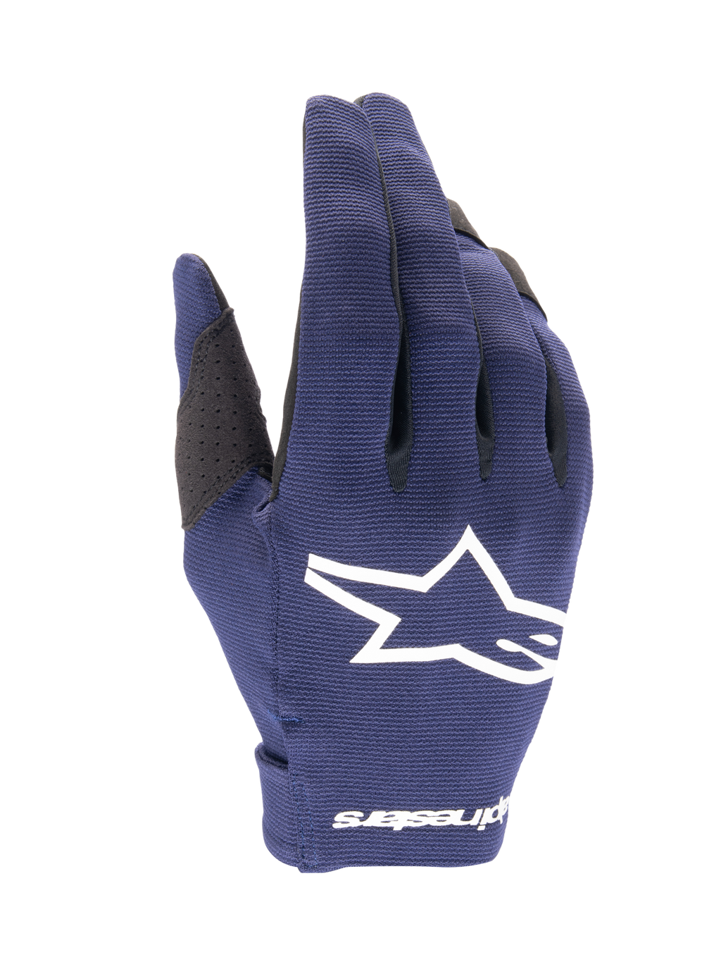 Alpinestars 2025 Radar handskar, motocrosshandskar, mörkblå och vita, texturerat mörkblått tyg med en stor vit stjärnlogotyp, vit logotyp på handleden, lättviktsdesign för terrängkörning