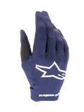 Alpinestars 2025 Radar handskar, motocrosshandskar, mörkblå och vita, texturerat mörkblått tyg med en stor vit stjärnlogotyp, vit logotyp på handleden, lättviktsdesign för terrängkörning