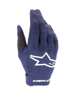 Alpinestars 2025 Radar handskar, motocrosshandskar, mörkblå och vita, texturerat mörkblått tyg med en stor vit stjärnlogotyp, vit logotyp på handleden, lättviktsdesign för terrängkörning