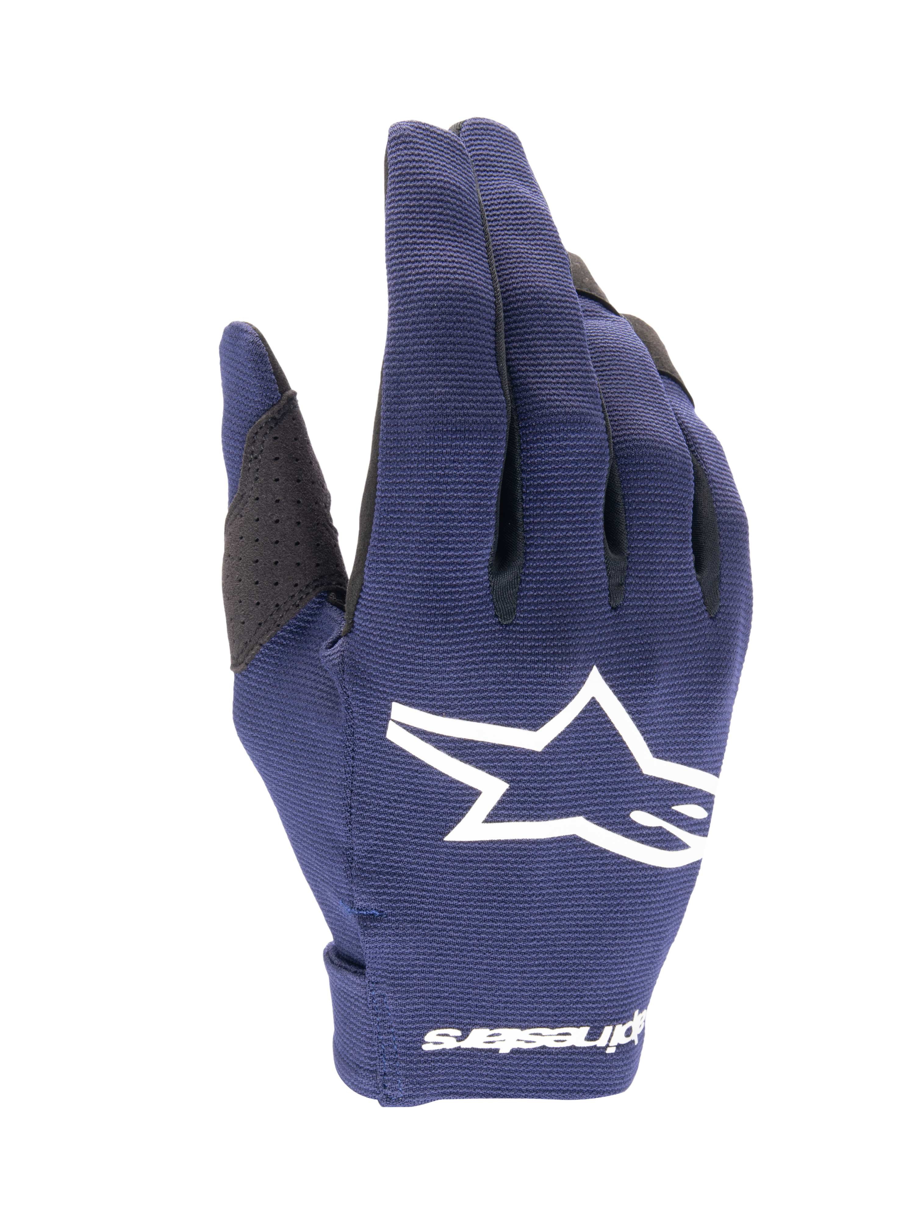 Alpinestars 2025 Radar handskar, motocrosshandskar, mörkblå och vita, texturerat mörkblått tyg med en stor vit stjärnlogotyp, vit logotyp på handleden, lättviktsdesign för terrängkörning
