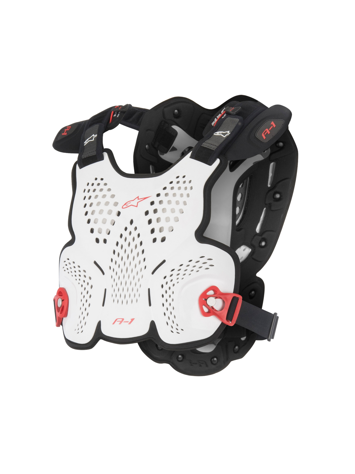Alpinestars A-1 Roost Guard, motocross bröstskydd, vit och svart med röda detaljer, perforerat hårt skal för ventilation, röda justerbara sidospännen, lätt kroppsnära design för terrängkörning