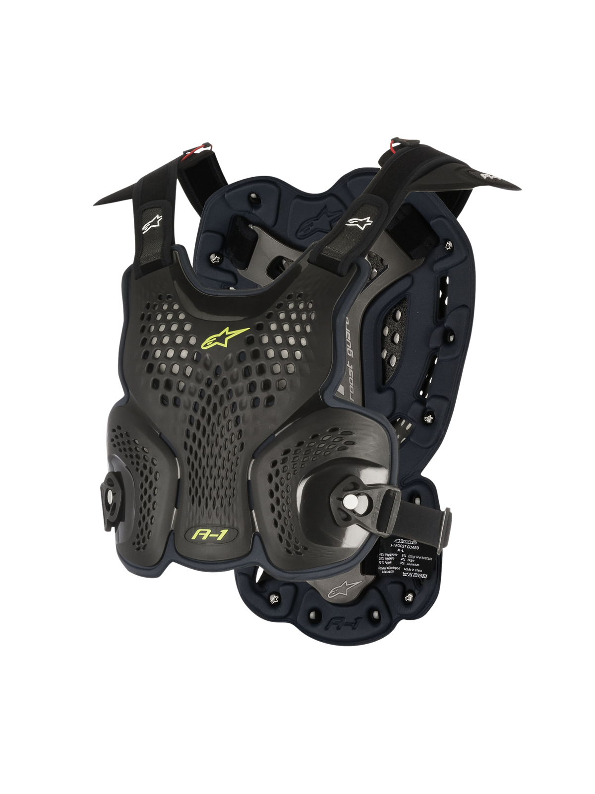 Alpinestars A-1 Roost Guard, bröstskydd för motocross, svart antracit med neongula detaljer, perforerade hårda skalplattor med honeycomb-design, vaddering i bioskum, justerbara remmar, lättviktigt kroppsskydd för terrängkörning