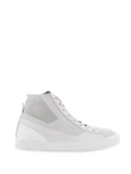 Alpinestars Stated Shoes, Urban Motorcycle Riding Shoes, White and Cool Gray, high-top sneaker featuring a ribbed knitted ankle collar, nubuck and canvas upper, white vulcanized rubber sole, minimalist retro design with red logo detail on the tongue