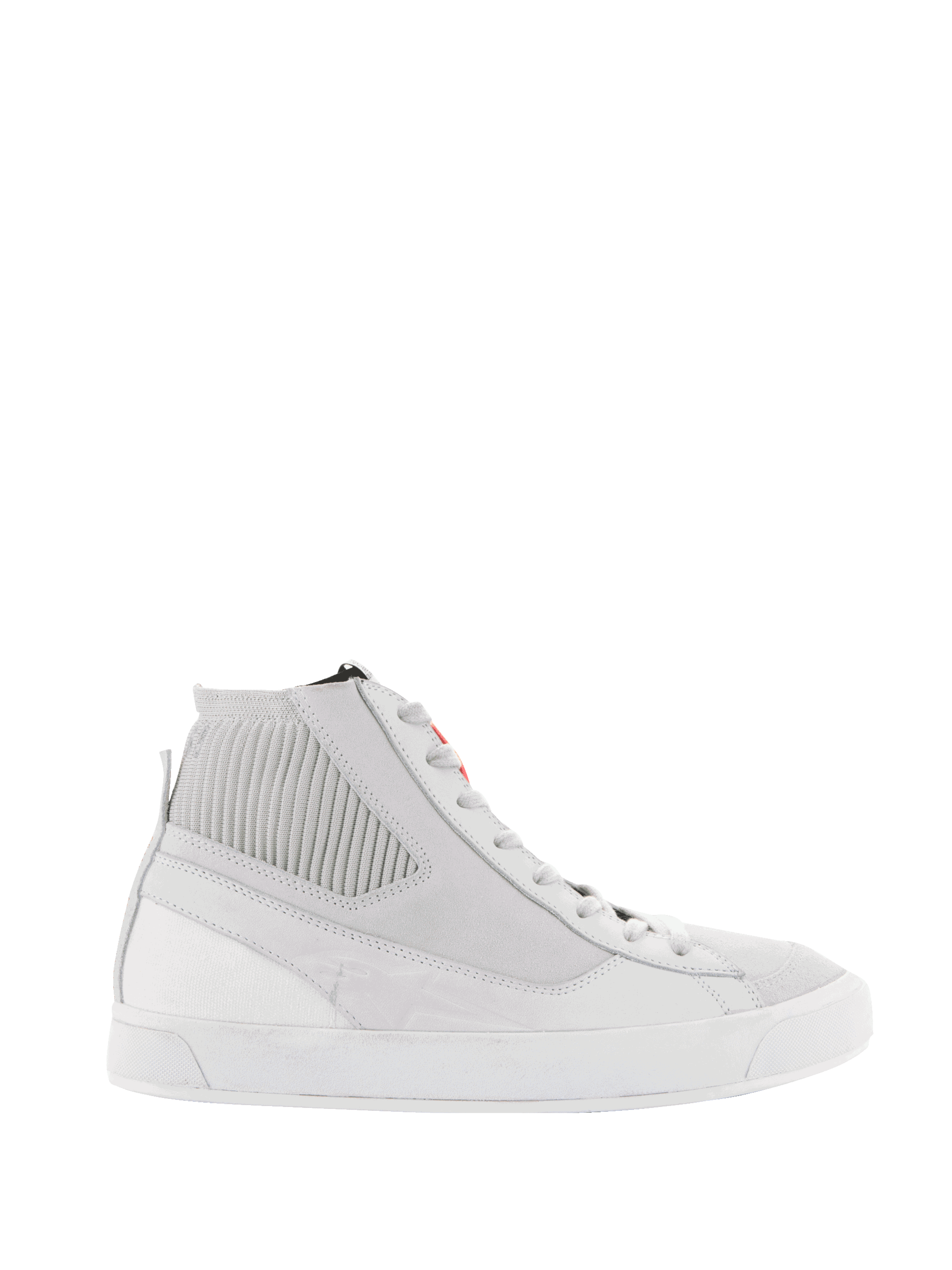 Alpinestars Stated Shoes, Urban Motorcycle Riding Shoes, White and Cool Gray, high-top sneaker featuring a ribbed knitted ankle collar, nubuck and canvas upper, white vulcanized rubber sole, minimalist retro design with red logo detail on the tongue