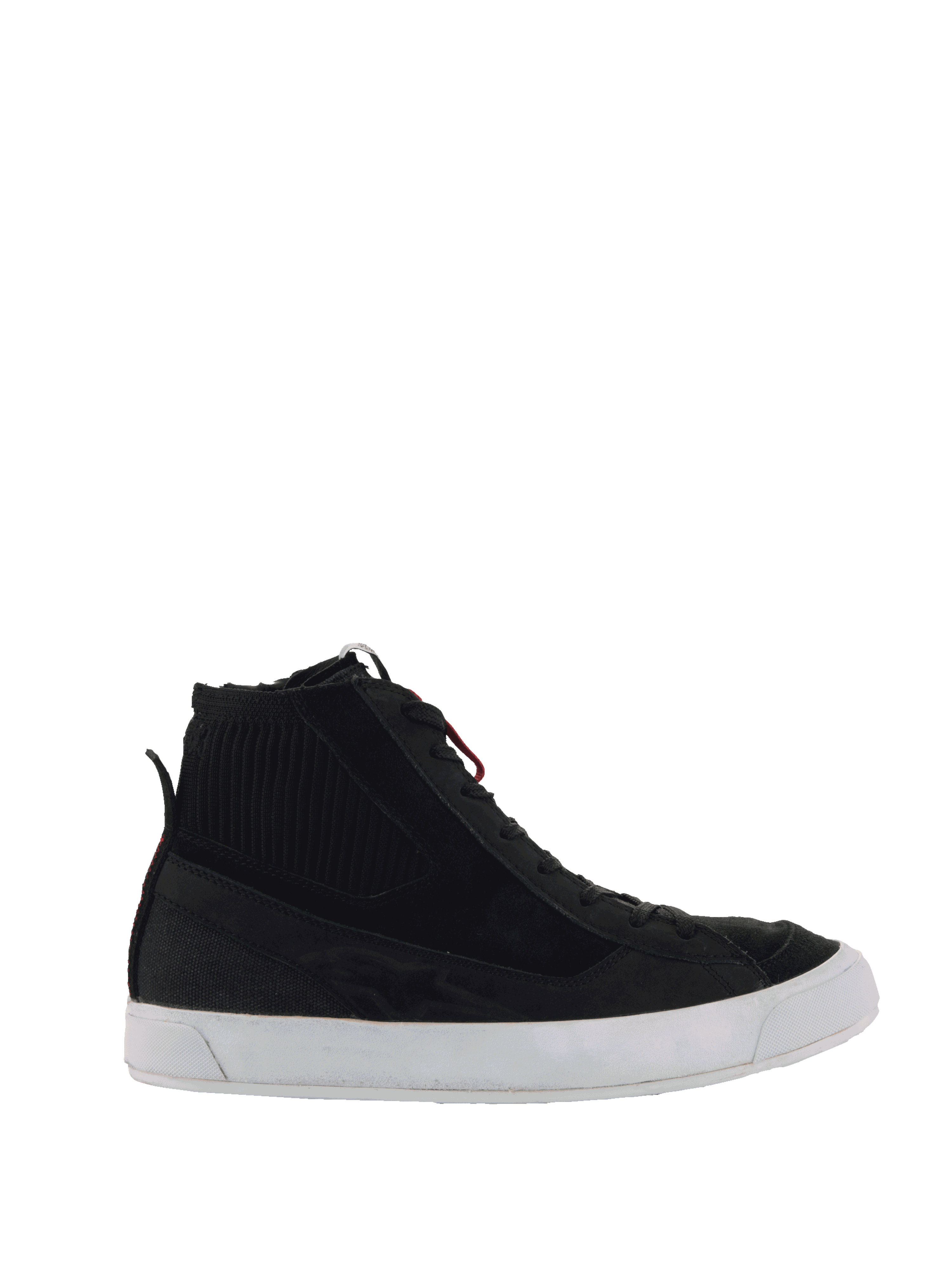 Alpinestars Stated Shoes, Black High-Top Motorcycle Sneakers, Black and White, ribbed ankle detail, red lace accents, white vulcanized sole, casual urban riding footwear