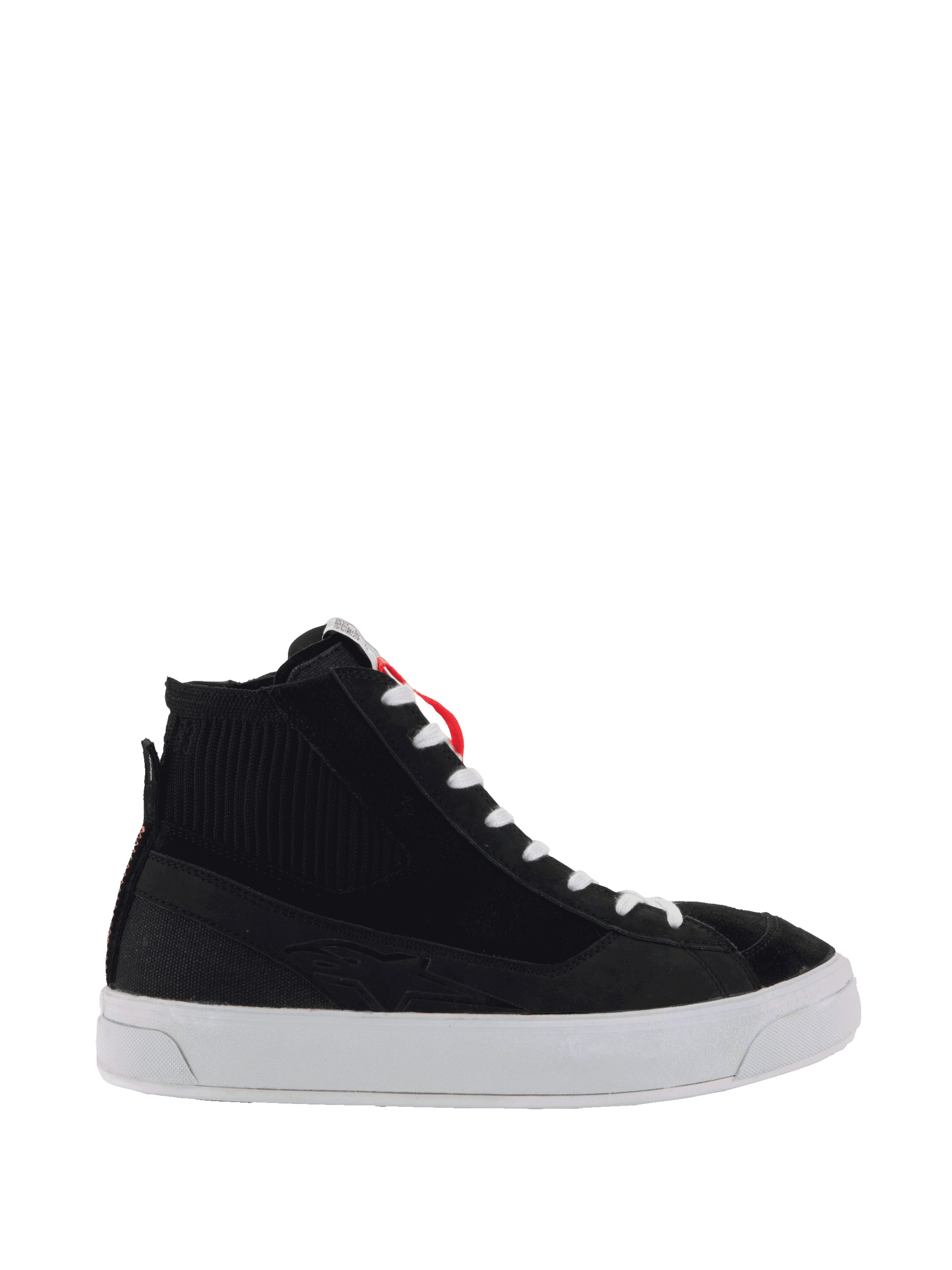 Alpinestars Stella Stated Podium Shoes, Women's High-Top Riding Sneakers, Black and White, ribbed ankle texture, white laces, thick white vulcanized sole, red heel loop, sleek urban design with embossed side pattern