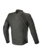 Alpinestars Caliber Leather Jacket, Black, back view showing premium leather construction, accordion stretch panels on shoulders and elbows, external DFS shoulder sliders, and embossed Alpinestars branding at the lower back