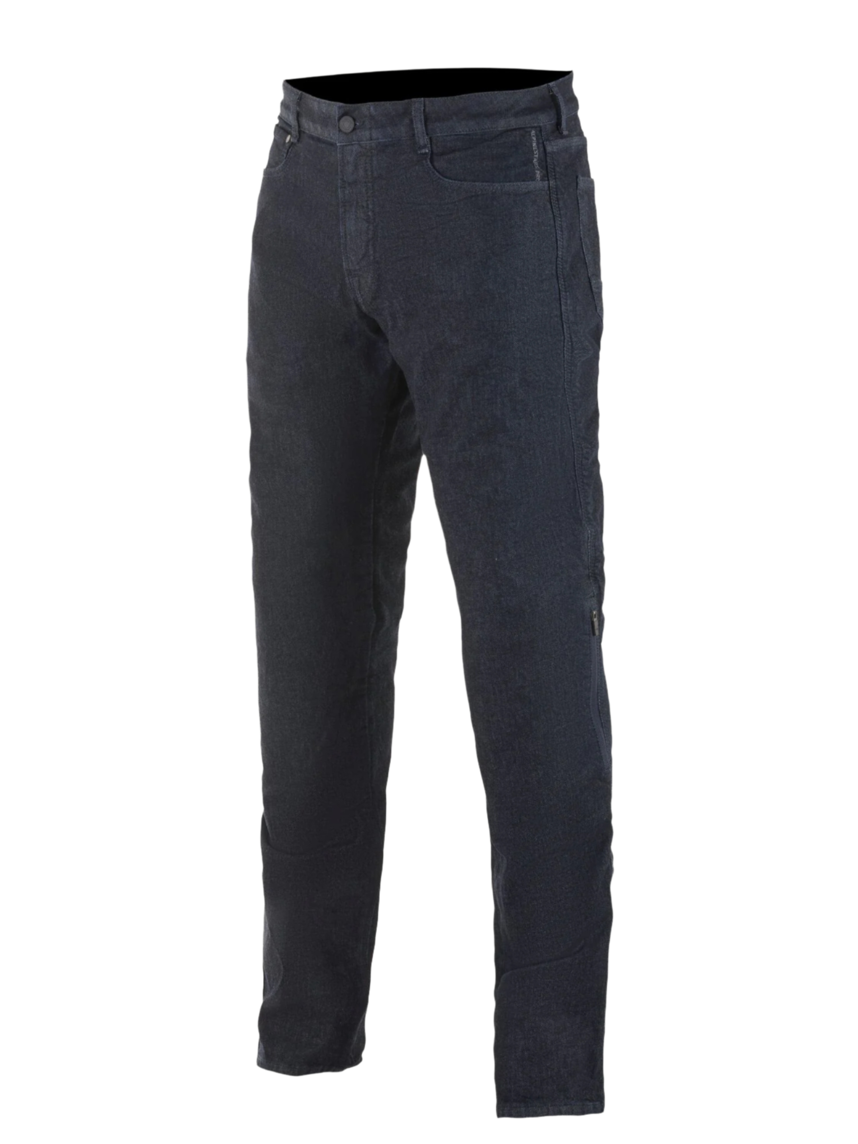 Alpinestars Copper Out V2 Riding Denim, motorcykeljeans, mörkblå Rinse Plus Blue, rak passform, 13oz komfortdenim, femficksmodell, utvändig dragkedja för åtkomst till knäskydd, urban motorcykelutrustning