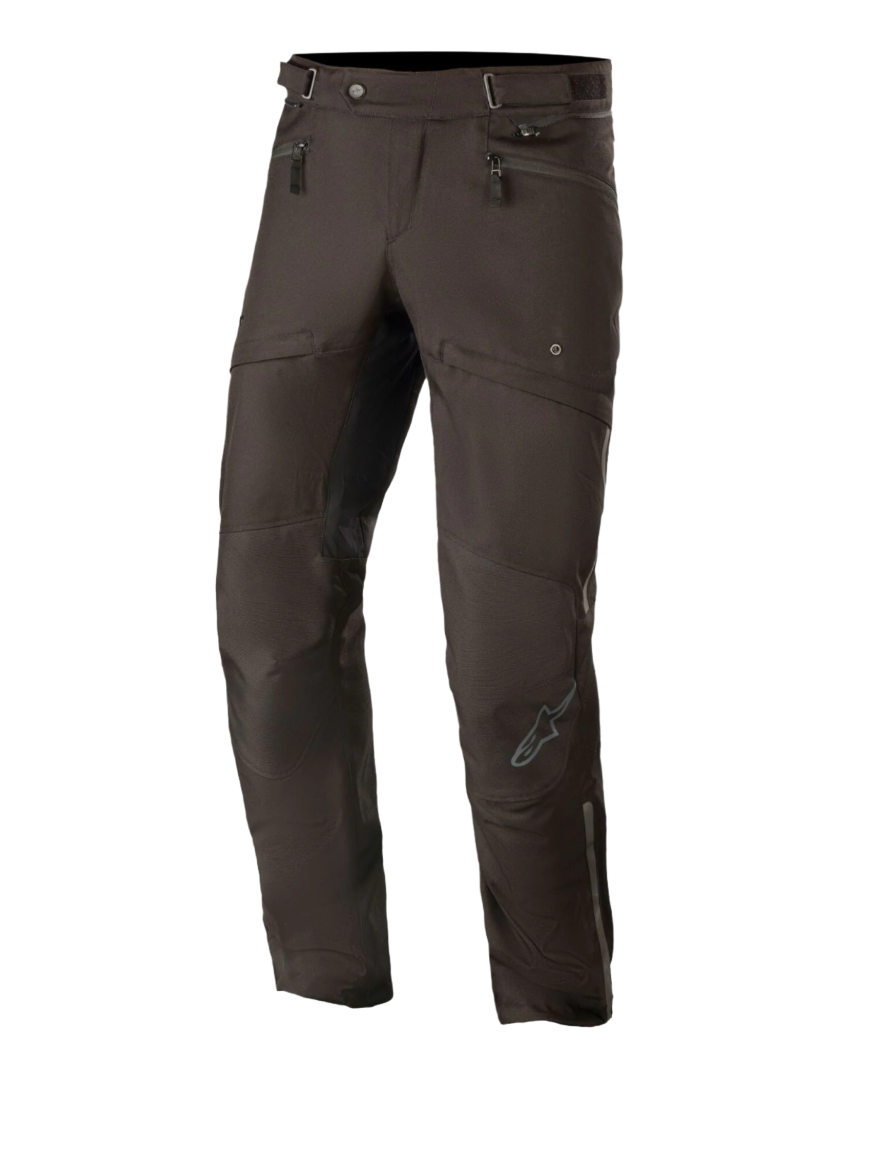 Alpinestars AST-1 V2 Waterproof Pants Long, svarta motorcykelbyxor för touring, höftfickor med dragkedja och justerbara midjeremmar, förböjda ben med förstärkta knäpaneler, diskret grå logotyp på smalbenet, hållbar textilkonstruktion för allvädersbruk på väg