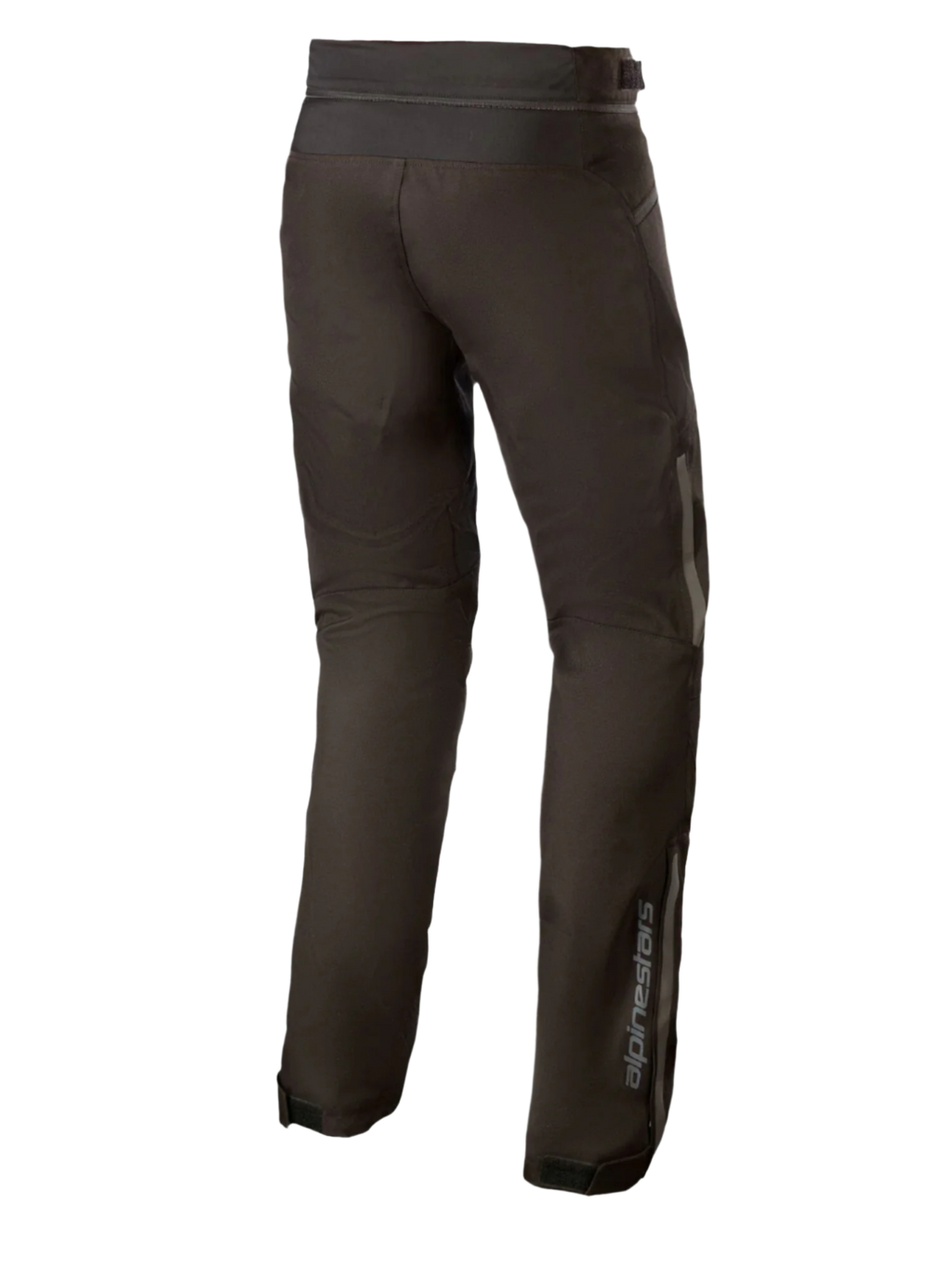 Alpinestars AST-1 V2 Waterproof Pants Long, svarta motorcykelbyxor i textil, vy bakifrån som visar reflekterande detaljer och vertikal logotyp på underbenet, slitstark allvädersutrustning