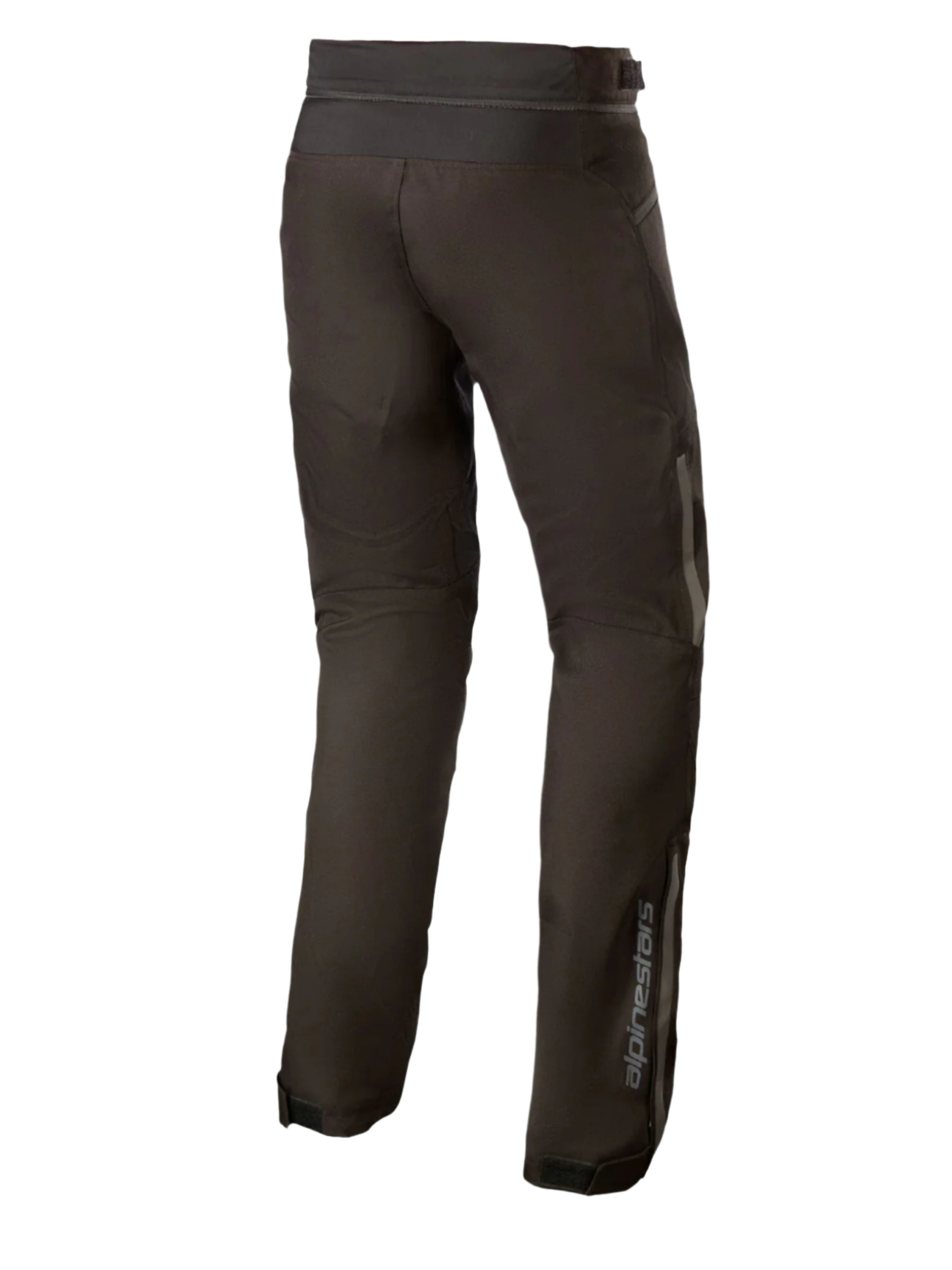 Alpinestars AST-1 V2 Waterproof Pants Long, svarta motorcykelbyxor i textil, vy bakifrån som visar reflekterande detaljer och vertikal logotyp på underbenet, slitstark allvädersutrustning