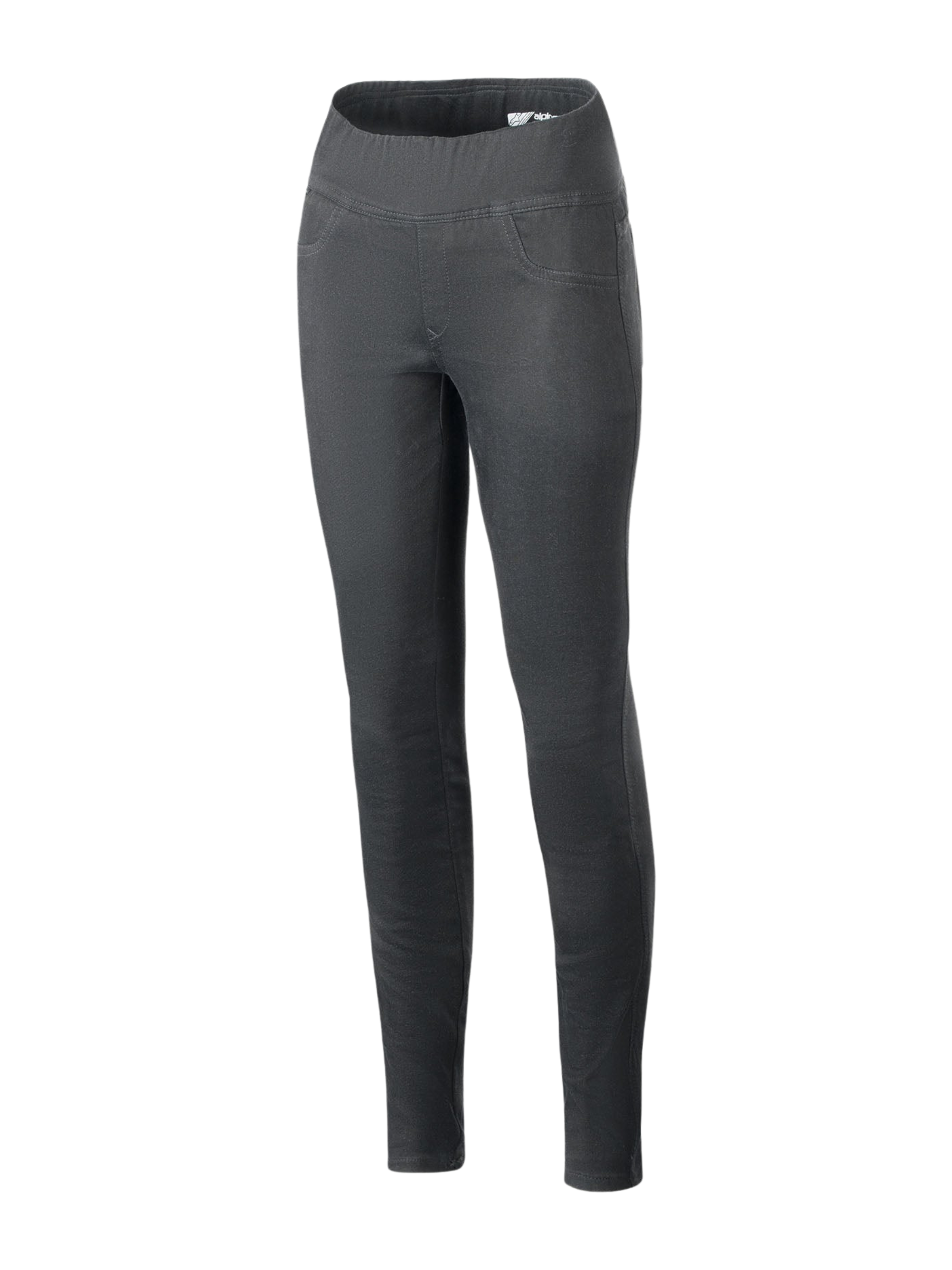 Alpinestars Shuri Dam Leggings Summer, svarta, MC-leggings med hög midja och slim-fit passform, brett elastiskt midjeband, stretchig bomullsdenim, dekorativa sömmar för framfickor, urban ridbyxa för damer