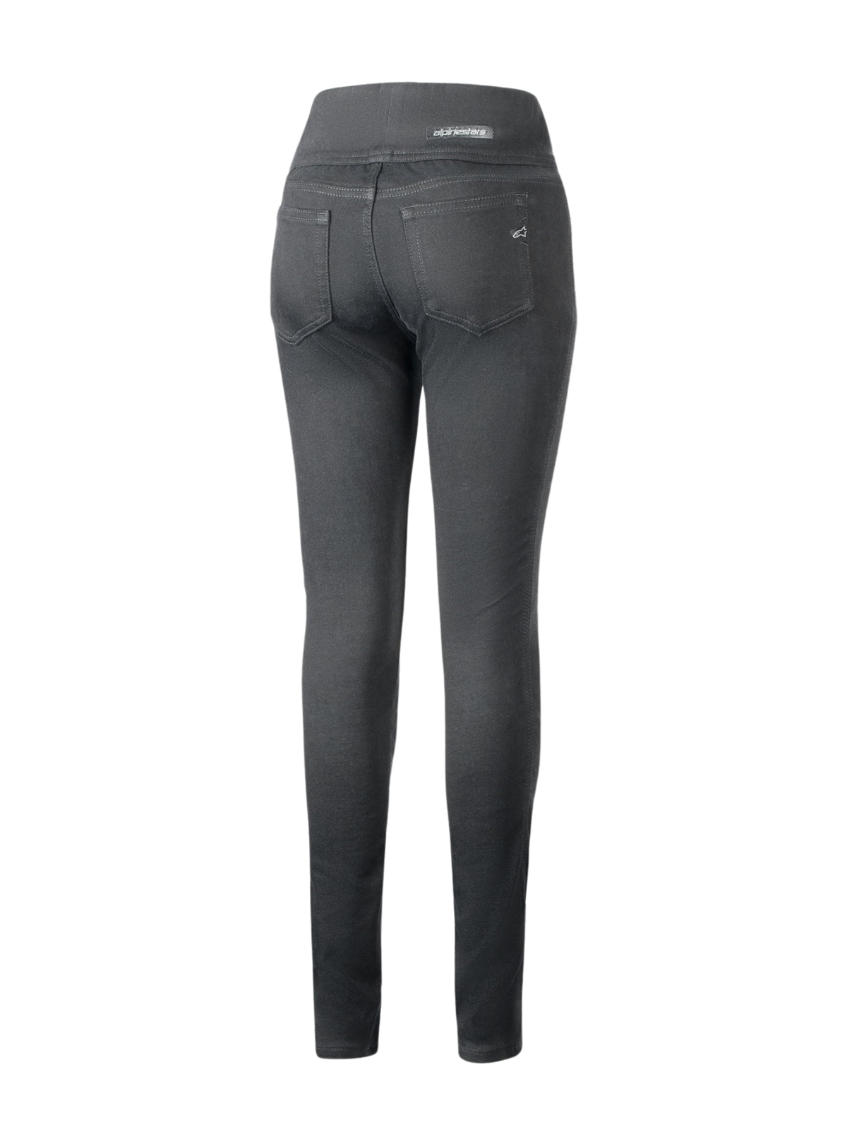 Alpinestars Shuri Dam Leggings Summer, svarta motorcykel-leggings i slim-fit-modell, vy bakifrån med hög midja, två bakfickor och diskret Alpinestars-branding på fickan och midjebandet