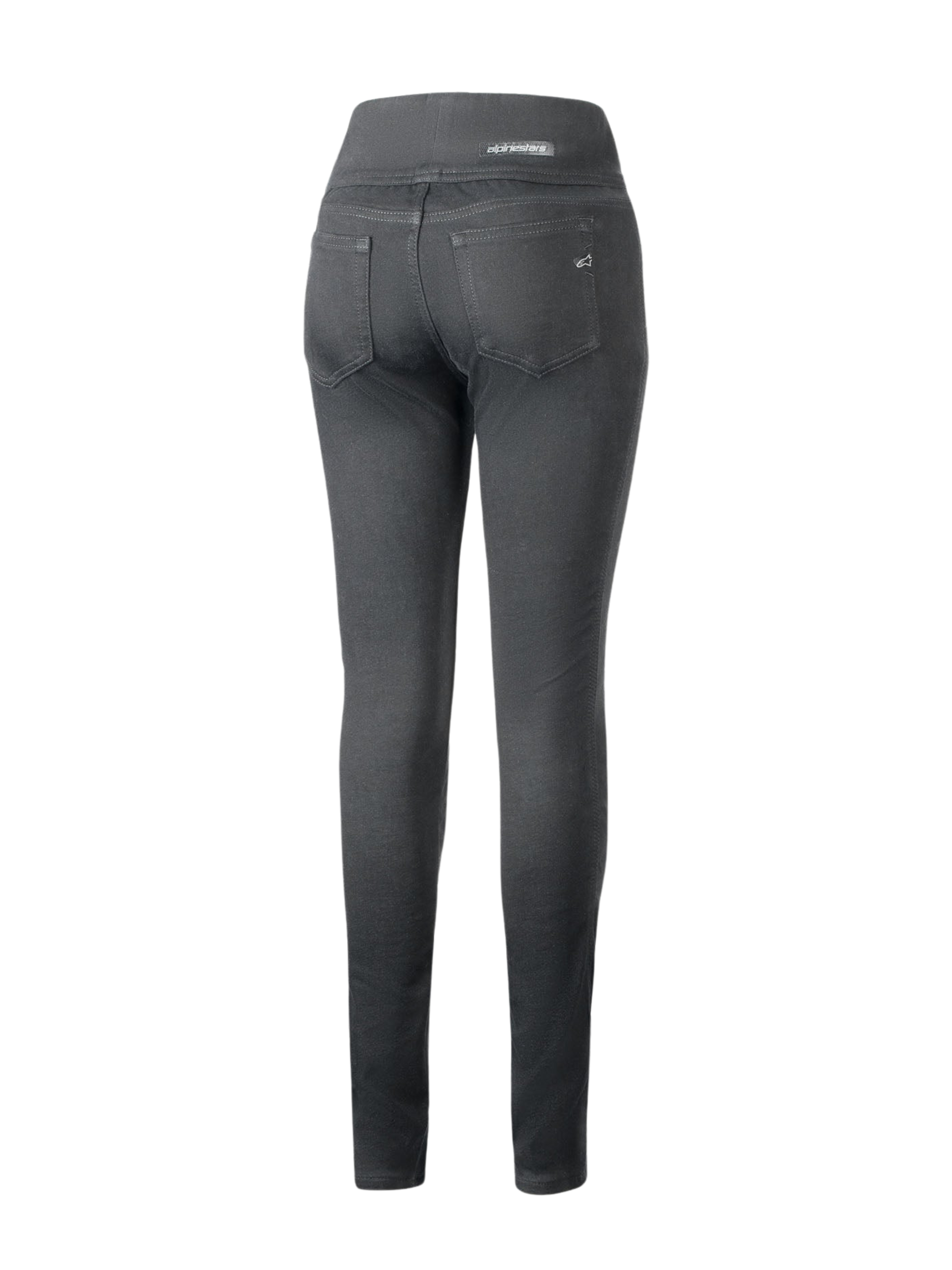 Alpinestars Shuri Dam Leggings Summer, svarta motorcykel-leggings i slim-fit-modell, vy bakifrån med hög midja, två bakfickor och diskret Alpinestars-branding på fickan och midjebandet