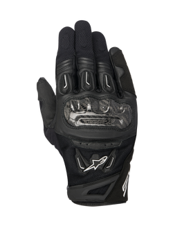 Alpinestars SMX-2 Air Carbon V2 Gloves, Black motorcycle gloves, top view showing carbon fiber knuckle guards, breathable 3D mesh and leather panels, white Alpinestars logo, and short-cuff design