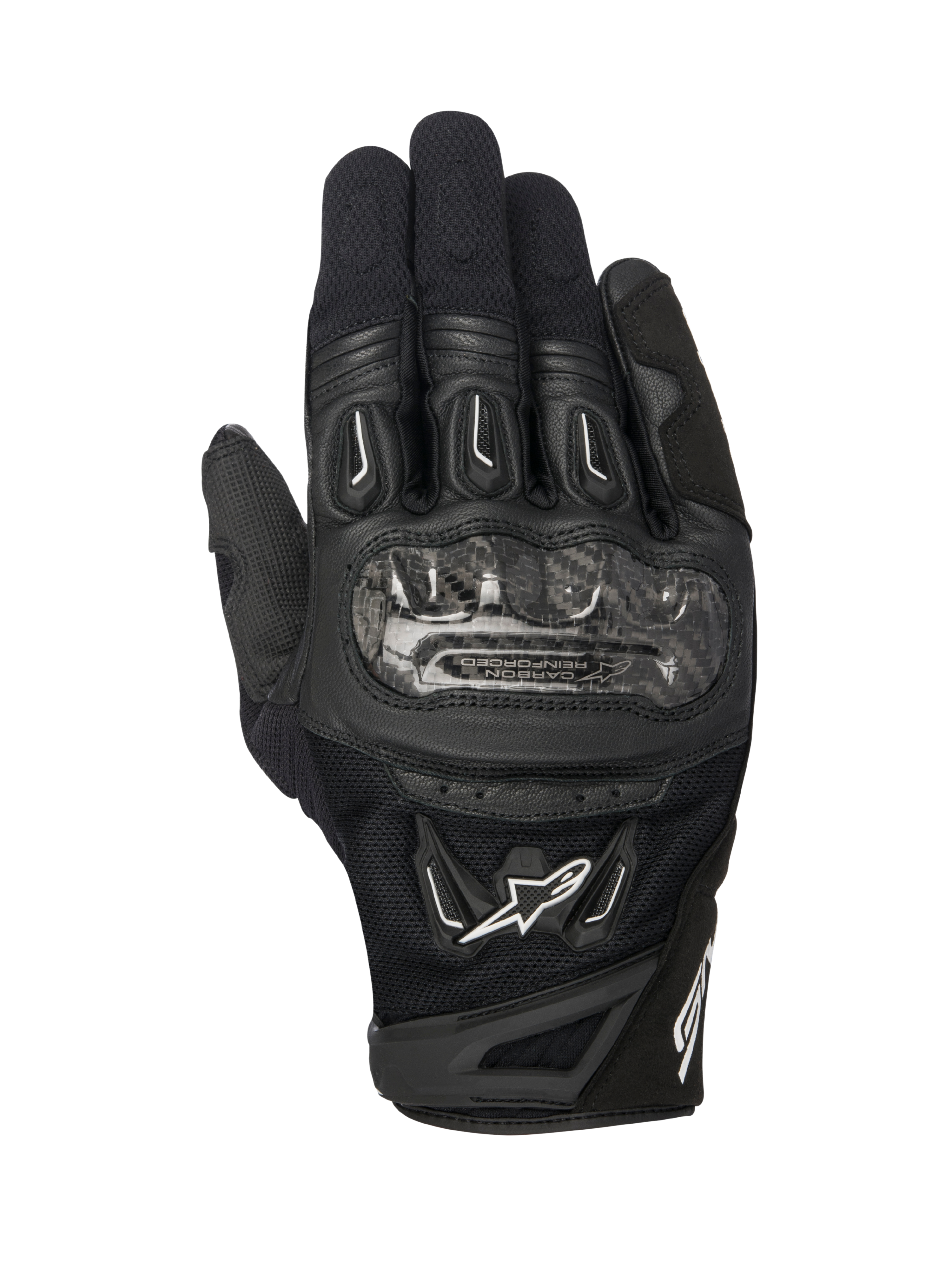Alpinestars SMX-2 Air Carbon V2-handskar, svarta motorcykelhandskar, vy ovanifrån som visar knogskydd i kolfiber, ventilerande 3D-mesh och läderpaneler, vit Alpinestars-logotyp och kort manschettdesign