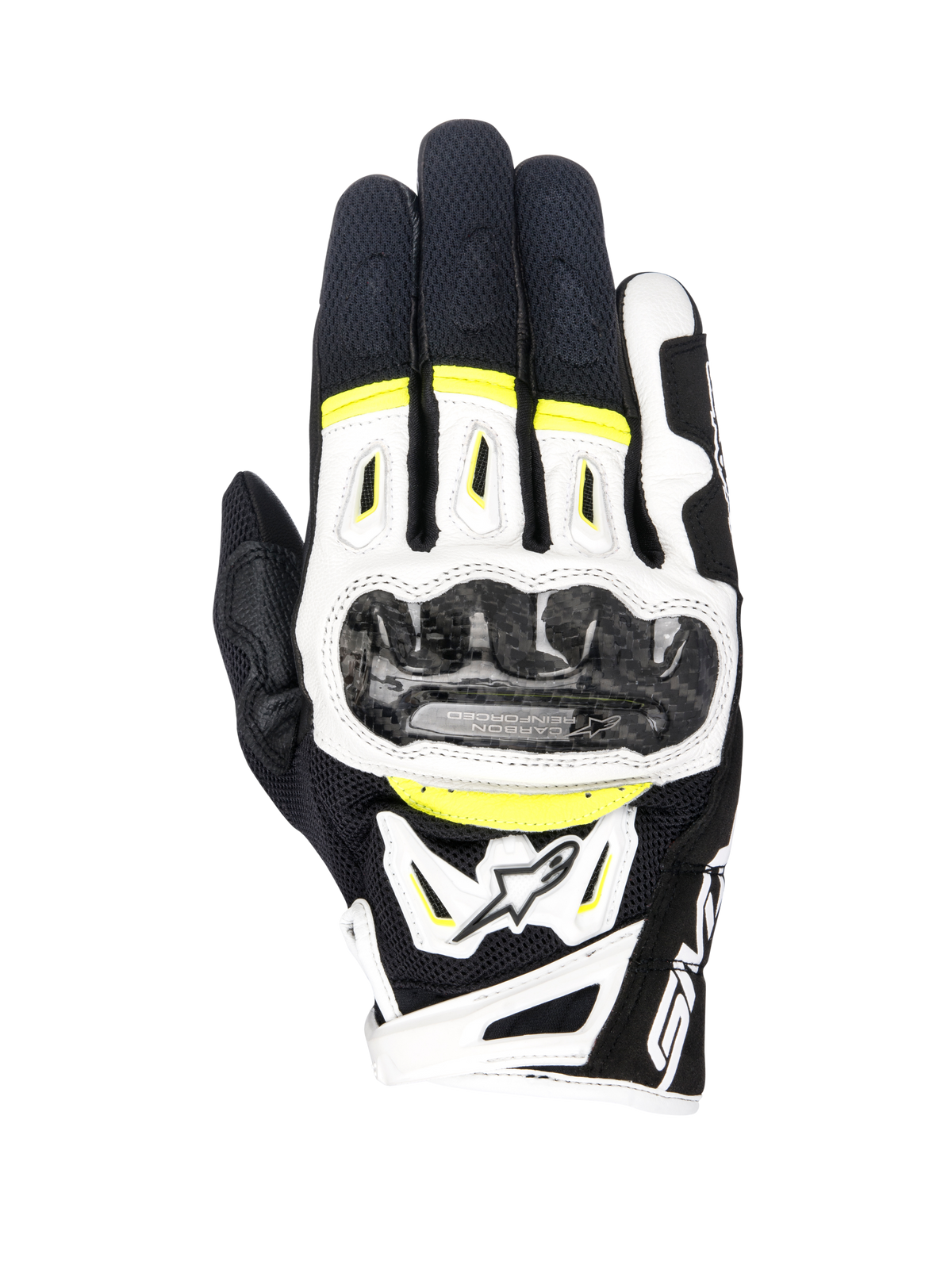 Alpinestars SMX-2 Air Carbon V2-handskar, motorcykelhandskar, svart, vit och neongul, med kolfiberknogskydd, konstruktion i 3D-mesh och läder, sportig vägutrustning med fluorescerande detaljer