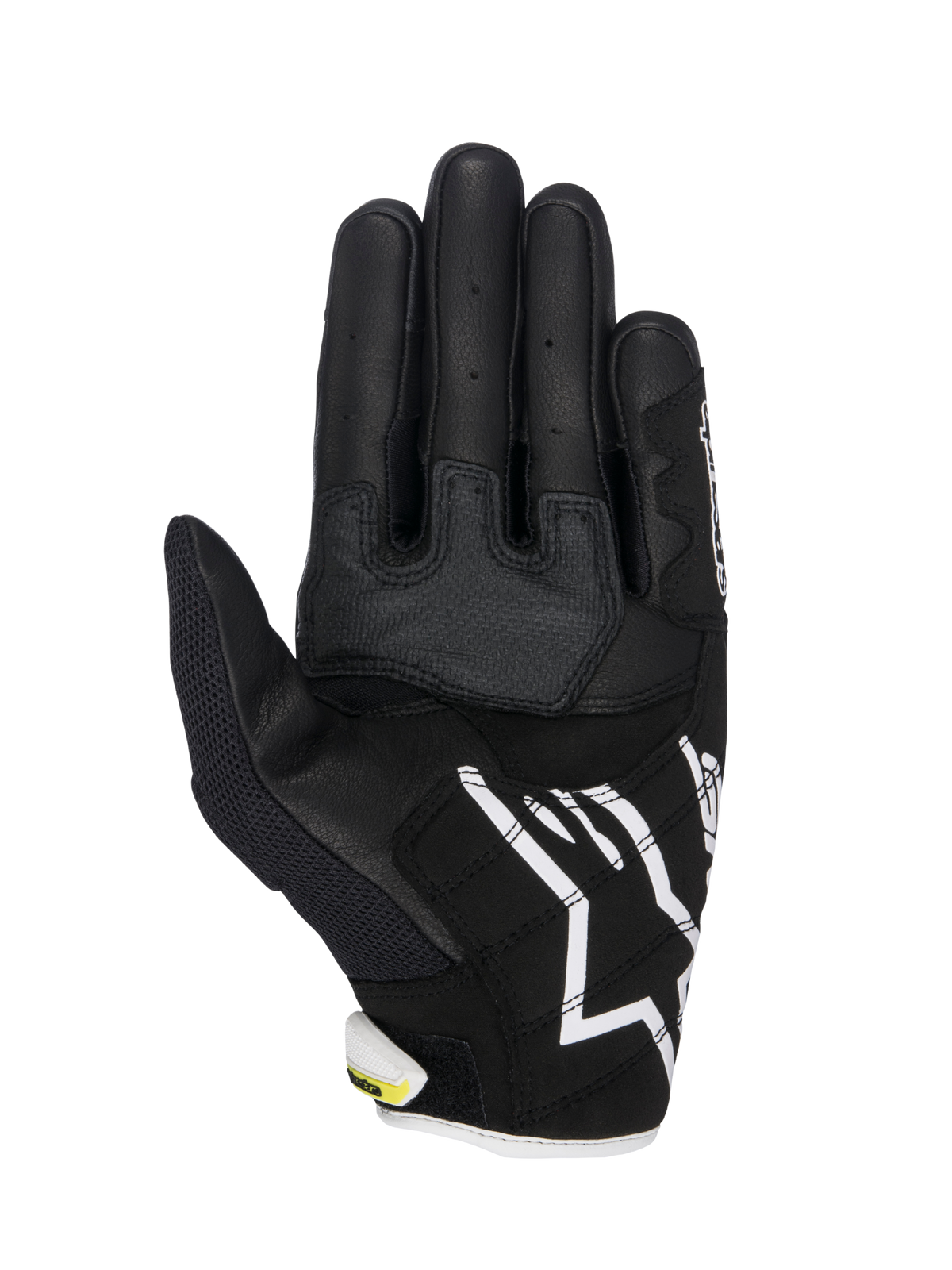 Alpinestars SMX-2 Air Carbon V2 Gloves, Motorcycle Gloves, Black and White with fluorescent yellow accents, palm view showing leather and 3D mesh construction, reinforced grip panels, white Alpinestars logo on the cuff