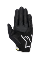 Alpinestars SMX-2 Air Carbon V2 Gloves, Motorcycle Gloves, Black and White with fluorescent yellow accents, palm view showing leather and 3D mesh construction, reinforced grip panels, white Alpinestars logo on the cuff