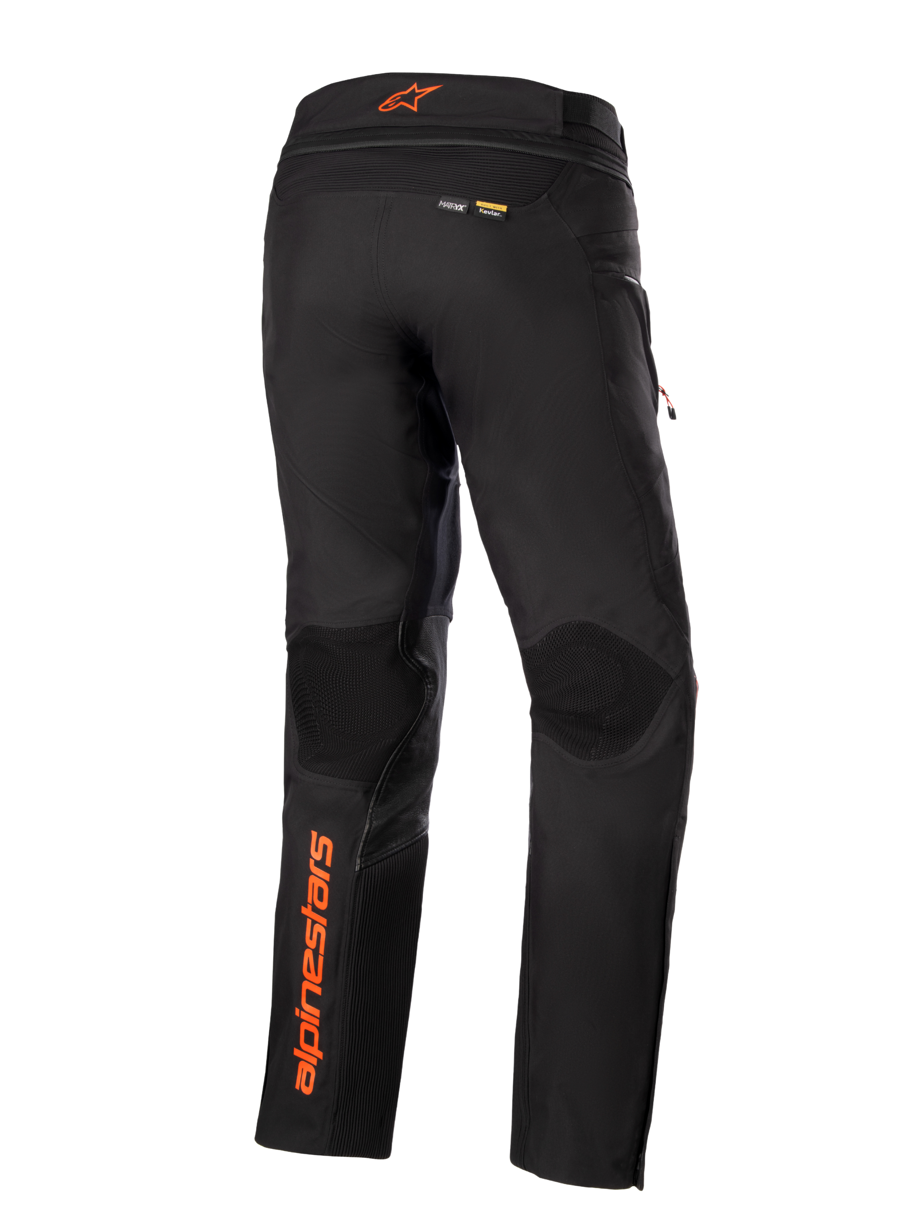 Alpinestars AMT-10R Drystar® XF Pants, Black with orange accents, rear view showing vertical orange Alpinestars logo on the left leg, textured knee panels, and Kevlar and Matryx branding, technical adventure touring motorcycle pants.
