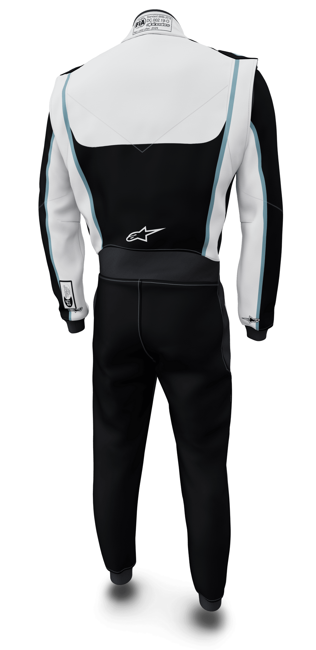 Alpinestars Tech Vision V3 skräddarsytt MC-ställ, racingoverall i svart, vit och ljusblå, FIA/SFI-certifierad, vy bakifrån