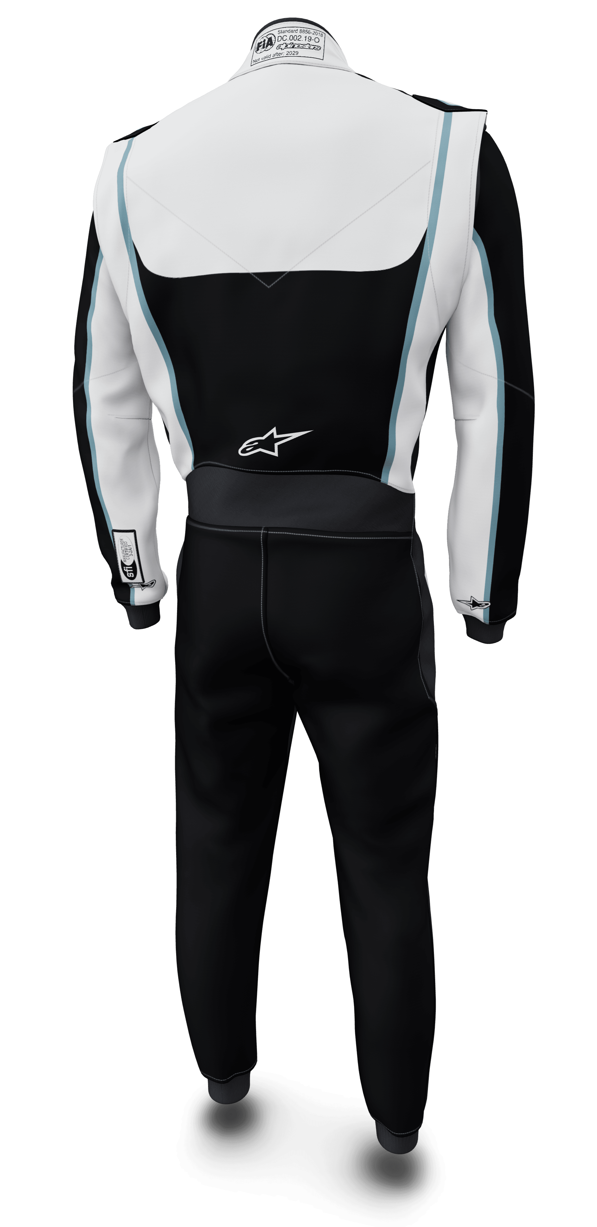 Alpinestars Tech Vision V3 skräddarsytt MC-ställ, racingoverall i svart, vit och ljusblå, FIA/SFI-certifierad, vy bakifrån