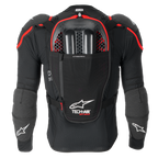 Tech-Air® Off-Road motorcycle airbag back view in black and red, featuring Nucleon CELL armor and hydration pocket.