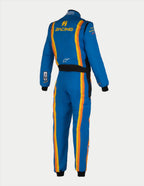 Alpinestars Tech Vision V3 skräddarsytt ställ, vy bakifrån av blå FIA-racingoverall med orangea ränder och gul logotyp.